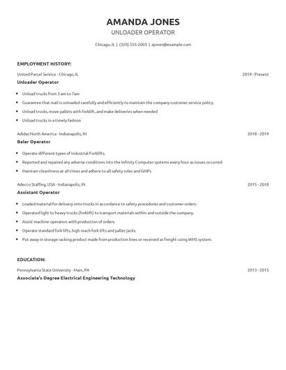 Unloader Operator Resume