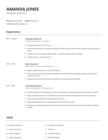 Unloader Operator Resume