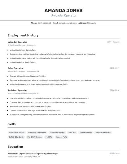 Unloader Operator Resume