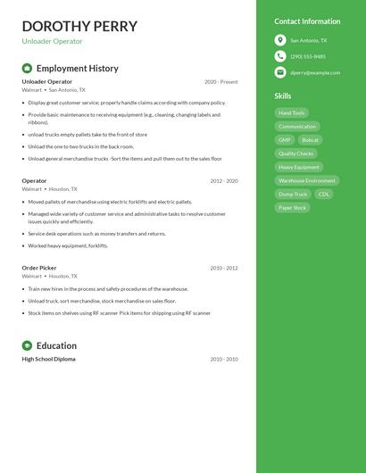 Unloader Operator Resume