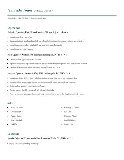 Unloader Operator Resume