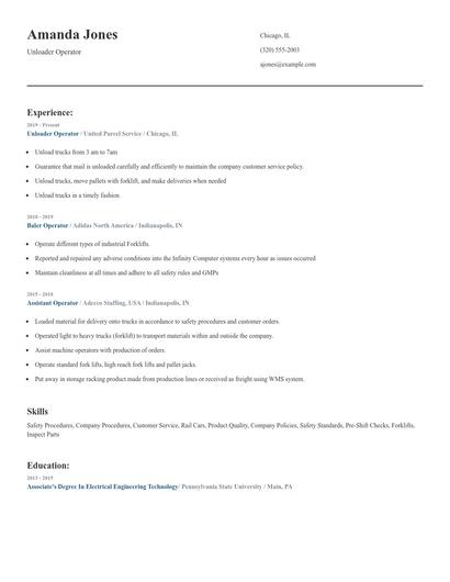 Unloader Operator Resume