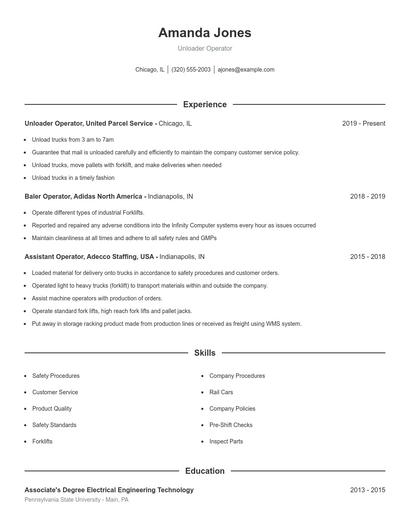 Unloader Operator Resume
