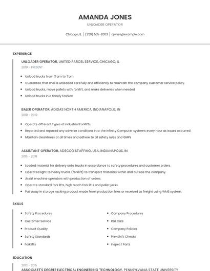 Unloader Operator Resume