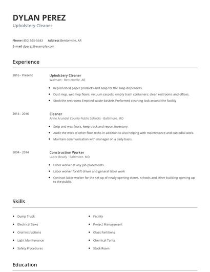 Upholstery Cleaner Resume
