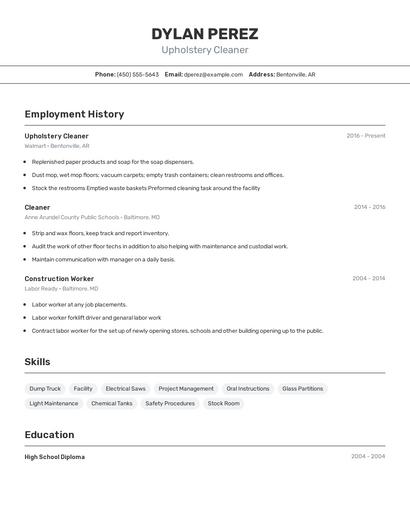 Upholstery Cleaner Resume