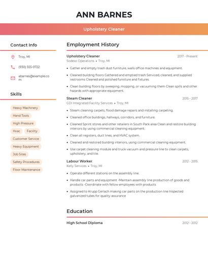 Upholstery Cleaner Resume