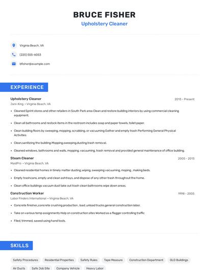 Upholstery Cleaner Resume