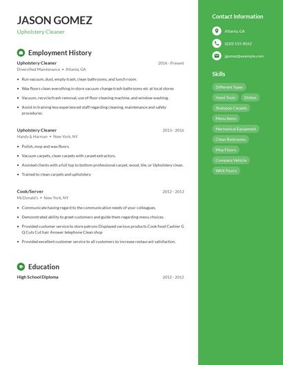 Upholstery Cleaner Resume
