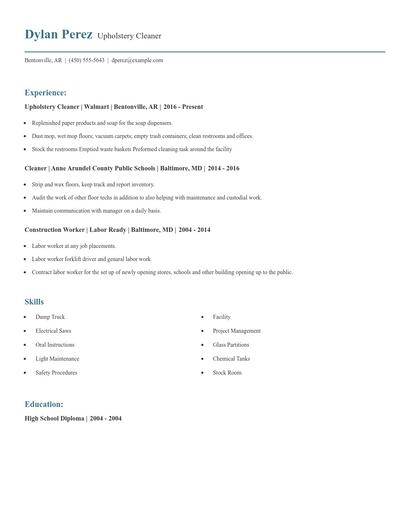 Upholstery Cleaner Resume