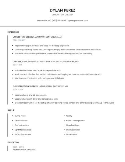 Upholstery Cleaner Resume