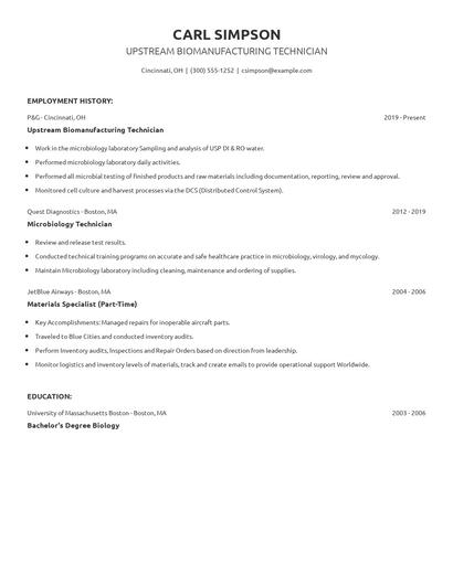 Upstream Biomanufacturing Technician Resume