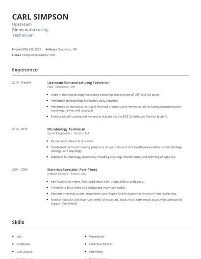 Upstream Biomanufacturing Technician Resume
