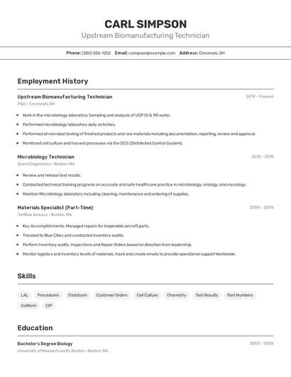 Upstream Biomanufacturing Technician Resume