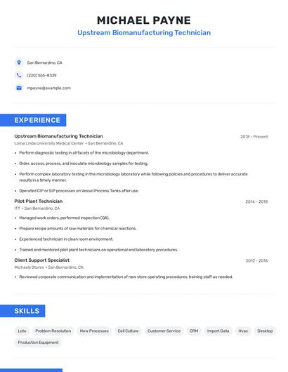 Upstream Biomanufacturing Technician Resume