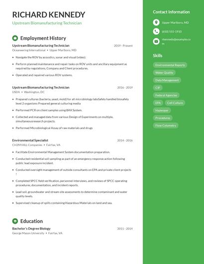 Upstream Biomanufacturing Technician Resume