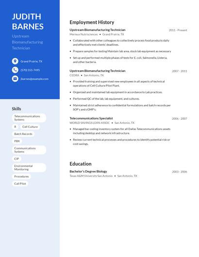 Upstream Biomanufacturing Technician Resume