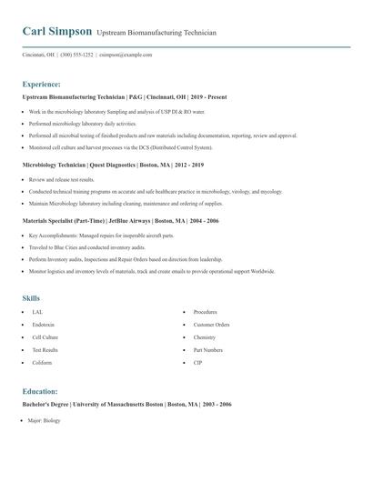 Upstream Biomanufacturing Technician Resume