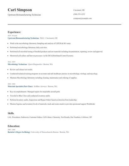 Upstream Biomanufacturing Technician Resume