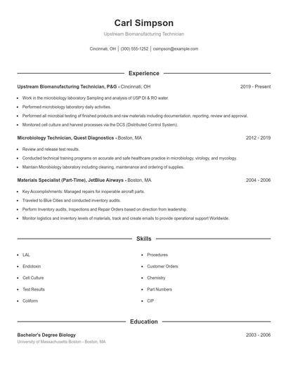 Upstream Biomanufacturing Technician Resume