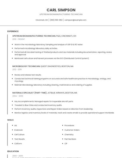 Upstream Biomanufacturing Technician Resume
