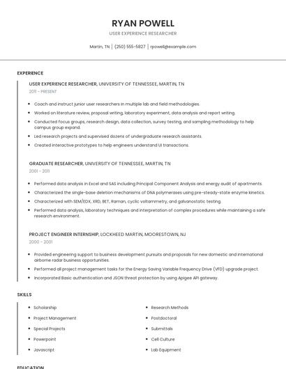 User Experience Researcher Resume