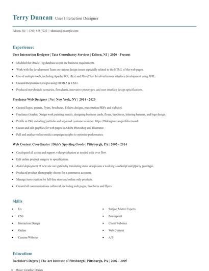 User Interaction Designer Resume