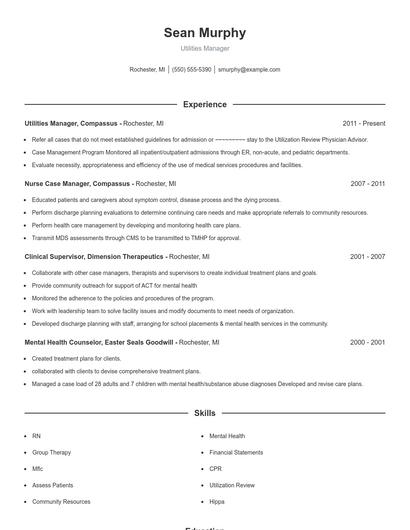 Utilities Manager Resume