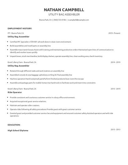 Utility Bag Assembler Resume