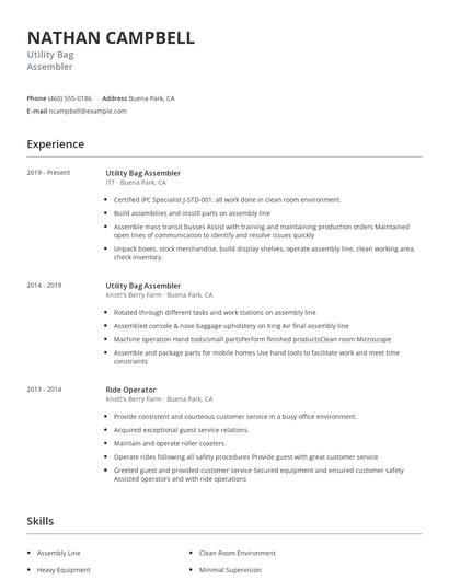 Utility Bag Assembler Resume