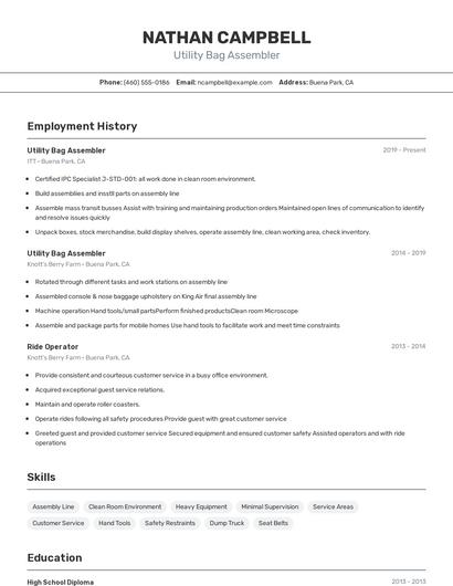 Utility Bag Assembler Resume