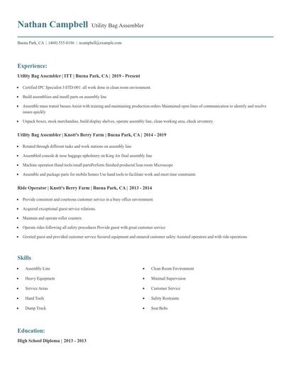Utility Bag Assembler Resume