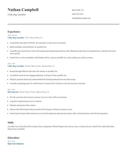 Utility Bag Assembler Resume