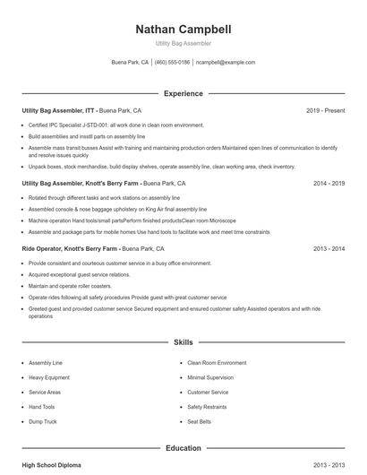 Utility Bag Assembler Resume