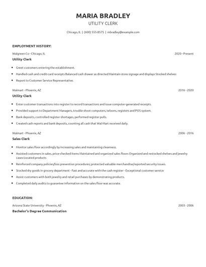 Utility Clerk Resume