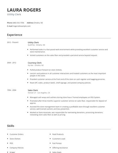 Utility Clerk Resume