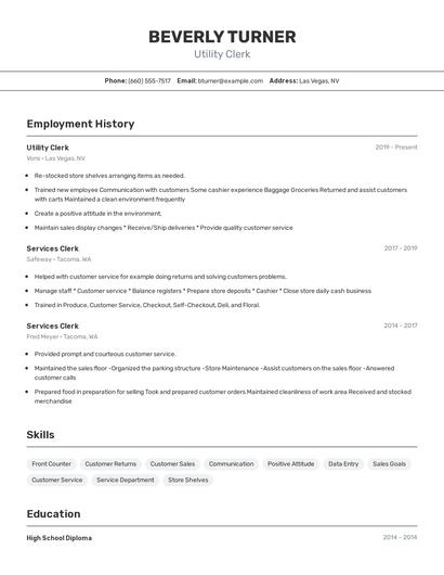 Utility Clerk Resume