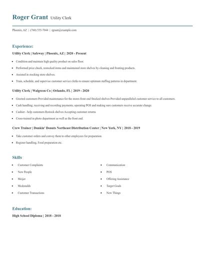 Utility Clerk Resume