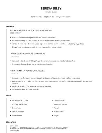 Utility Clerk Resume