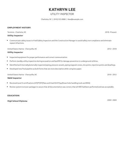 Utility Inspector Resume