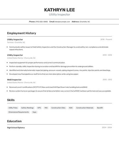 Utility Inspector Resume