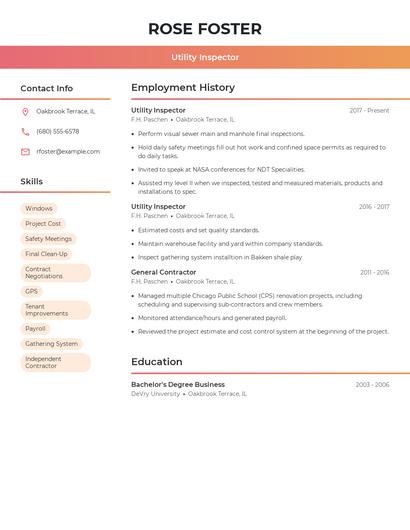 Utility Inspector Resume