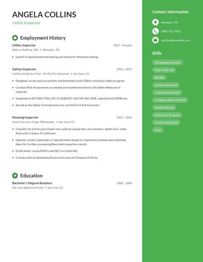 Utility Inspector Resume