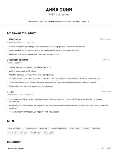 Utility Lineman Resume