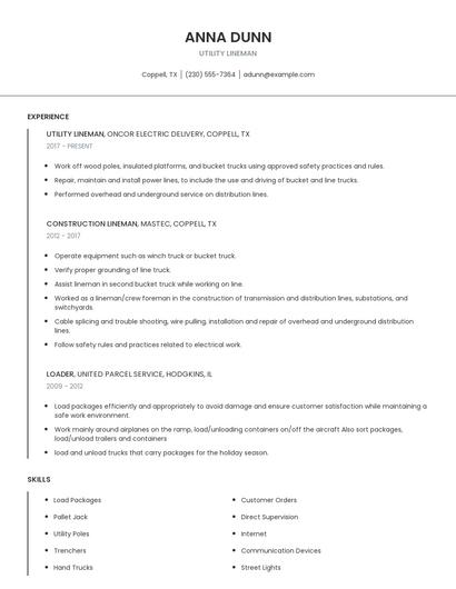 Utility Lineman Resume