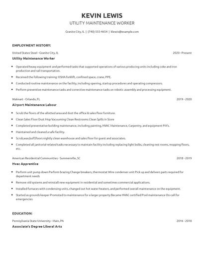 Utility Maintenance Worker Resume