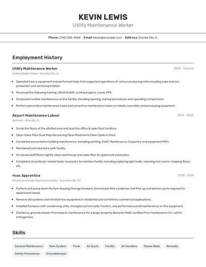 Utility Maintenance Worker Resume