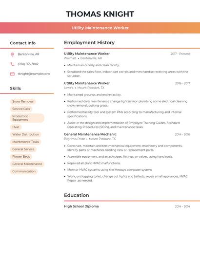 Utility Maintenance Worker Resume