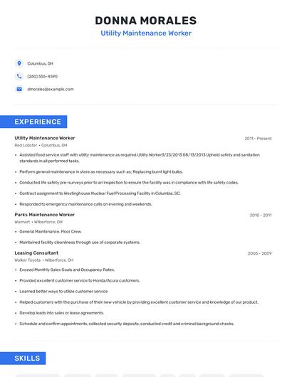 Utility Maintenance Worker Resume