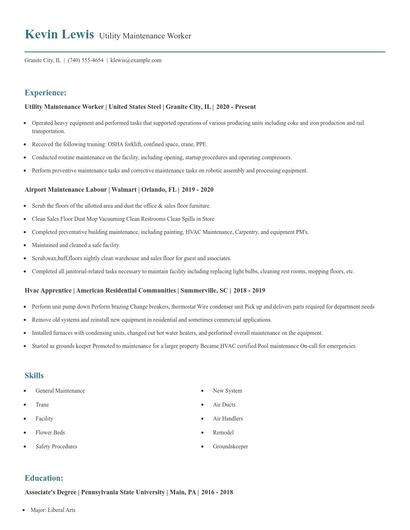 Utility Maintenance Worker Resume